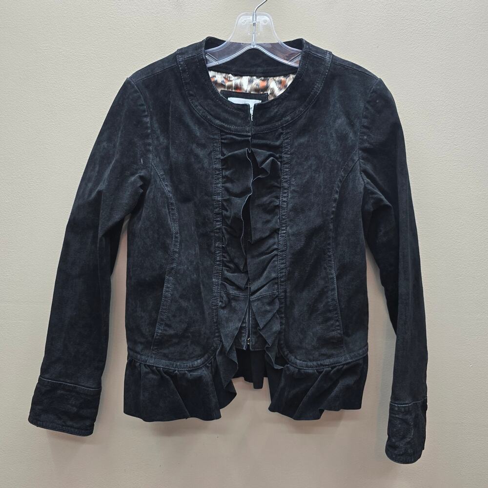 Lal Live a Little 100% Suede Leather Ruffle Front Blazer Jacket Black SZ Small